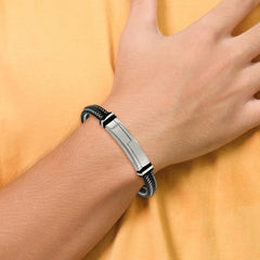 Chisel Stainless Steel Polished Braided Wire and Black Leather with Rubber Adjustable 8.25 to 8.75 inch ID Bracelet