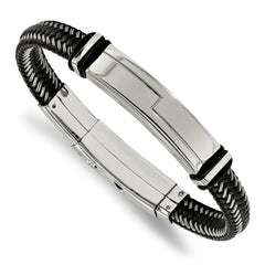 Chisel Stainless Steel Polished Braided Wire and Black Leather with Rubber Adjustable 8.25 to 8.75 inch ID Bracelet