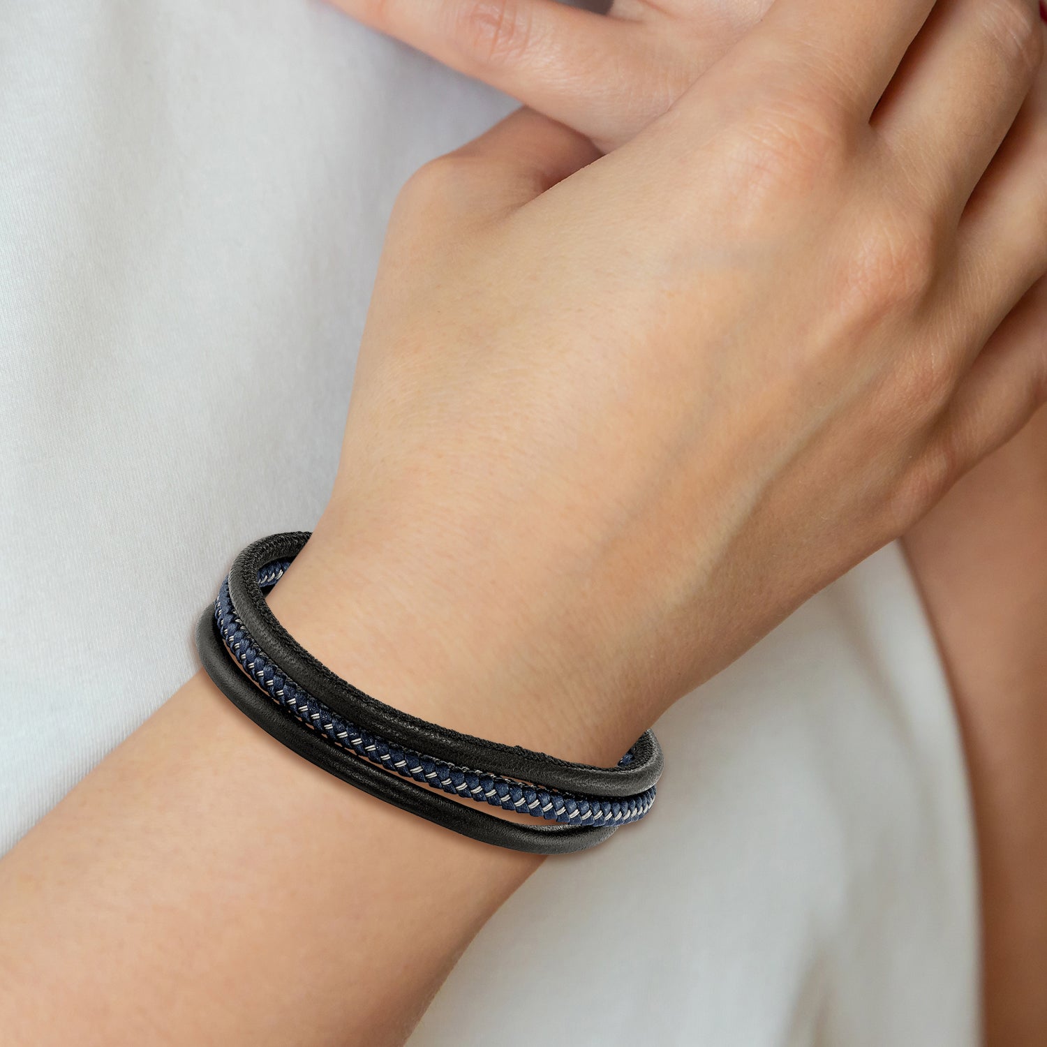 Chisel Stainless Steel Brushed Wire Multi Strand Black and Blue Braided Leather 8 inch Bracelet