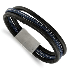 Chisel Stainless Steel Brushed Wire Multi Strand Black and Blue Braided Leather 8 inch Bracelet