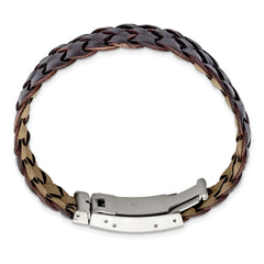 Stainless Steel Brushed Brown Leather 9in ID Bracelet