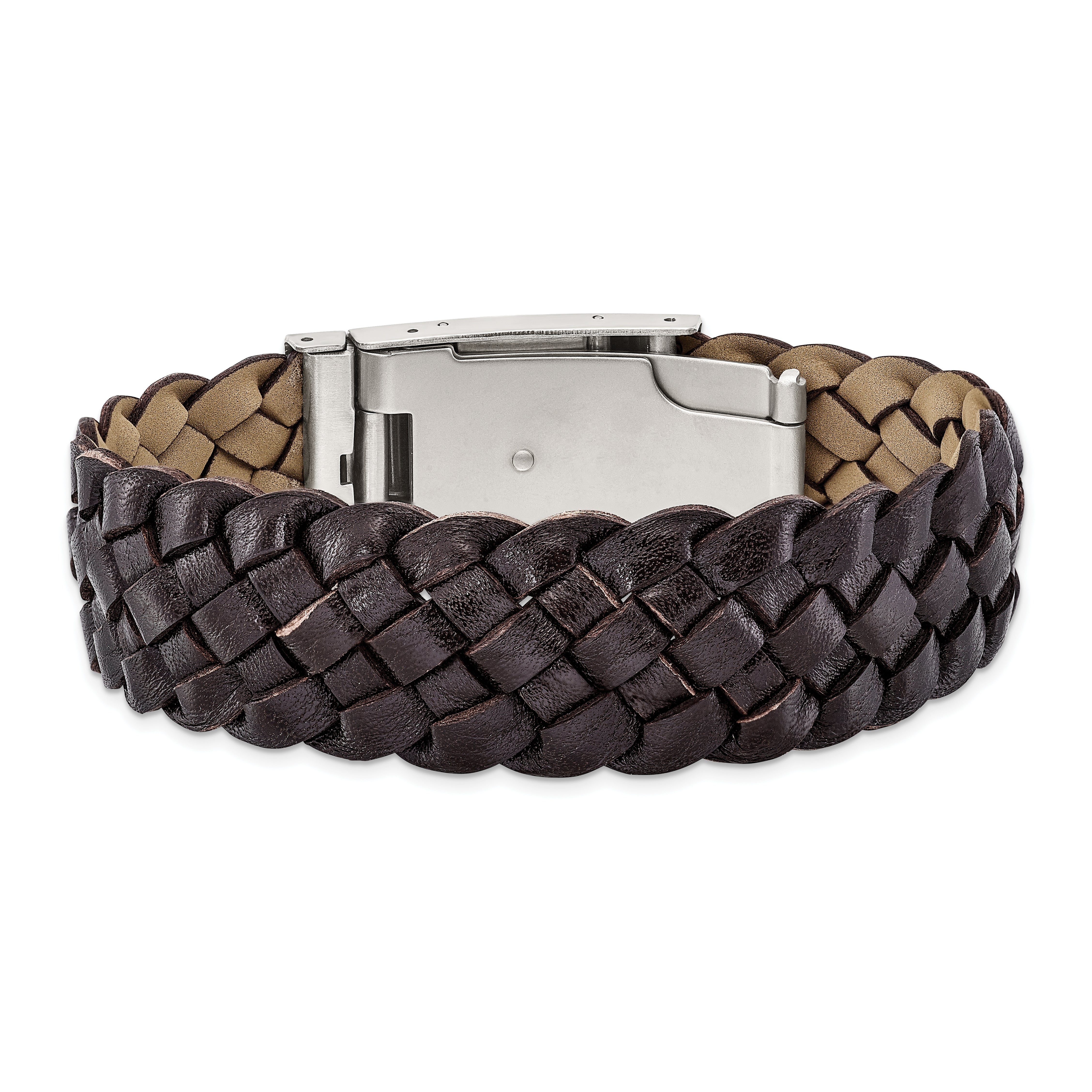 Stainless Steel Brushed Brown Leather 9in ID Bracelet