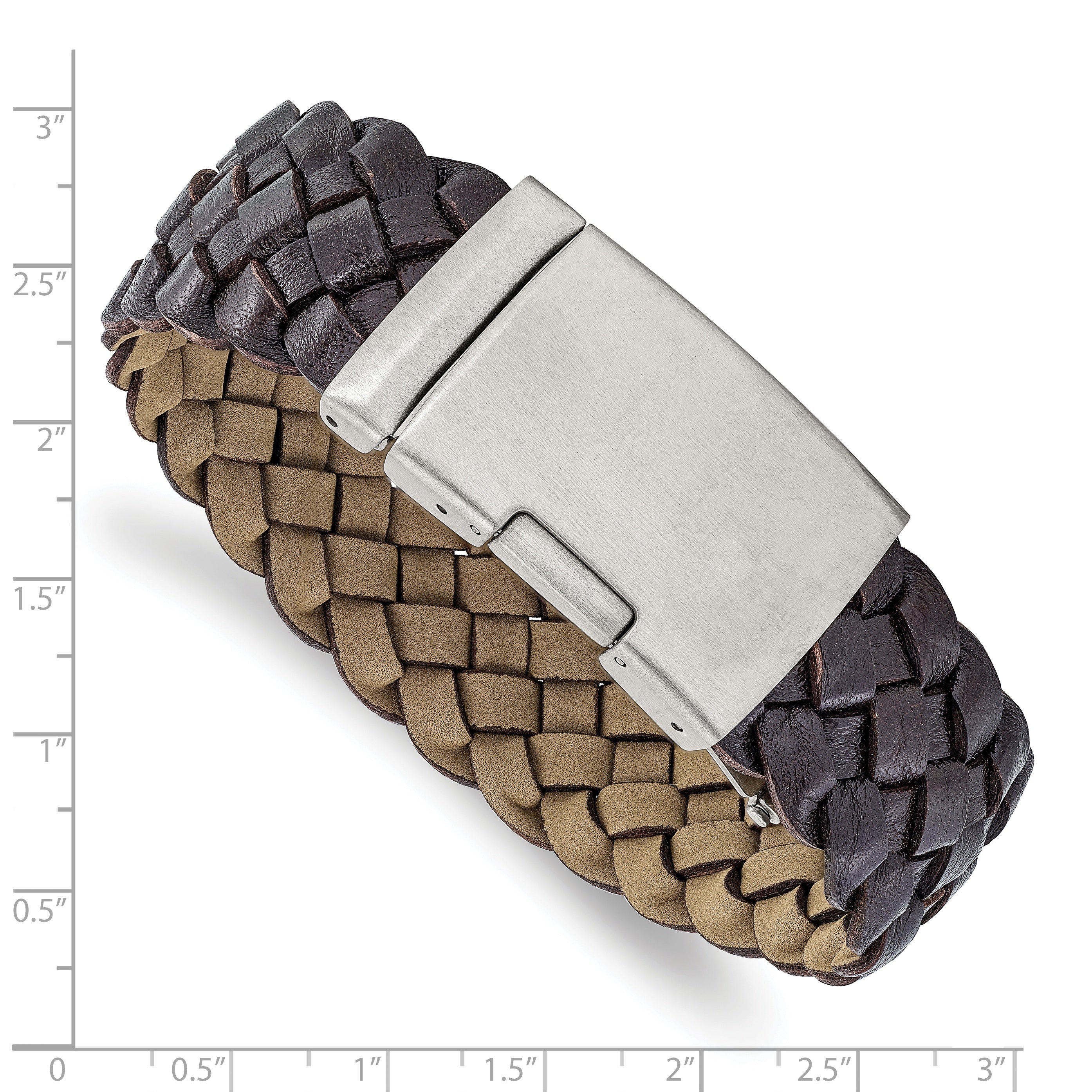 Stainless Steel Brushed Brown Leather 9in ID Bracelet