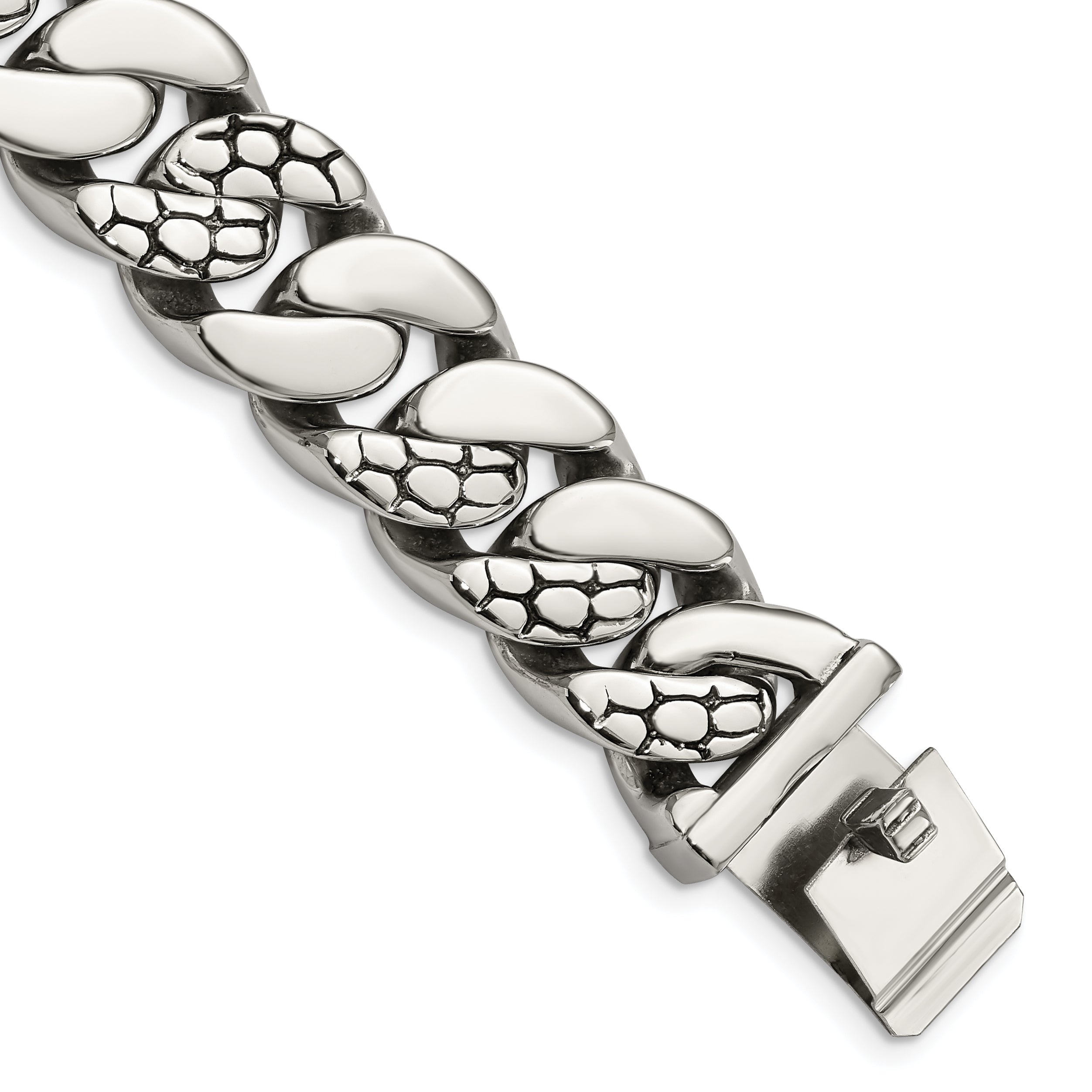 Chisel Stainless Steel Polished and Textured Snake Skin Design 8.5 inch Curb Bracelet