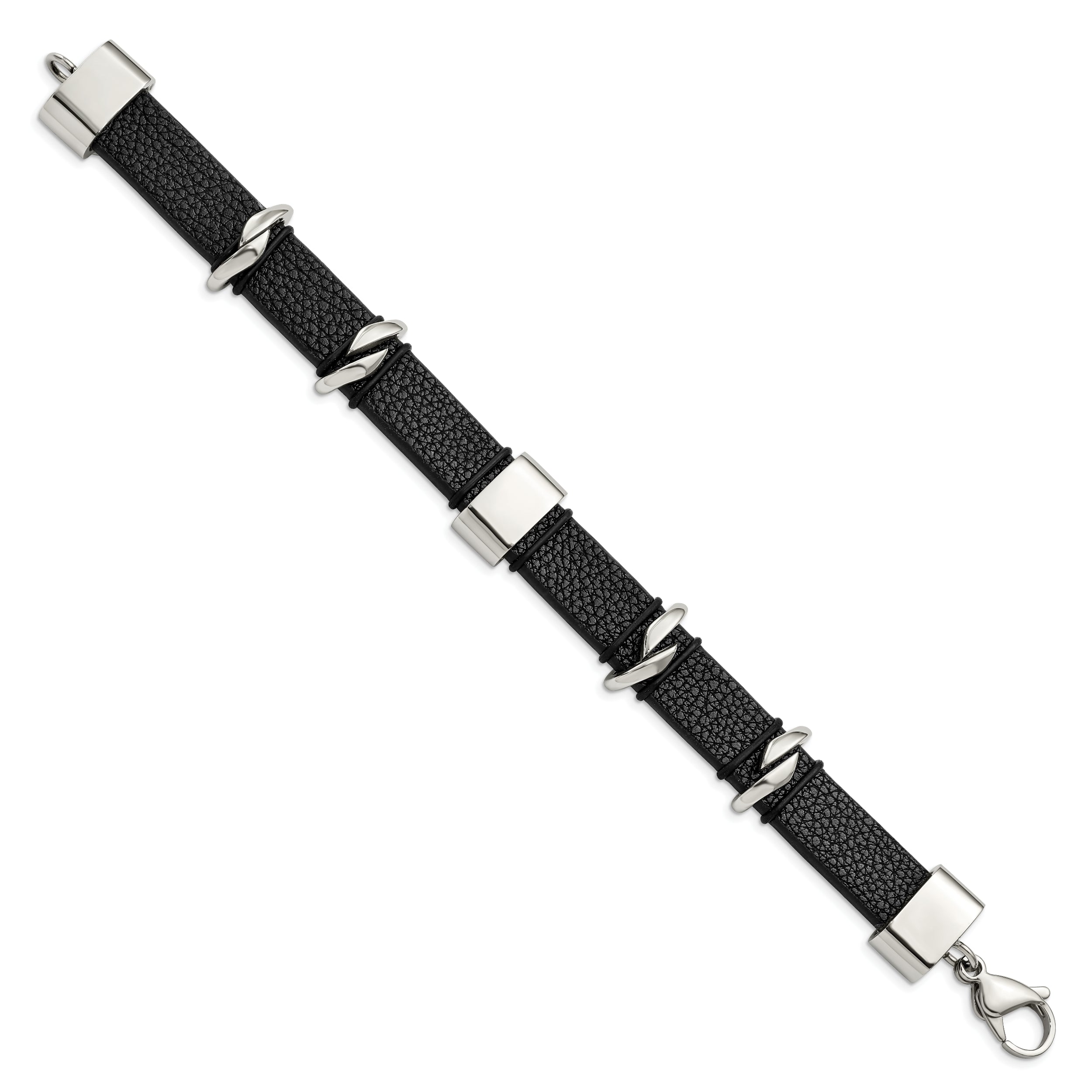 Stainless Steel Polished Black Leather 8.5in Bracelet