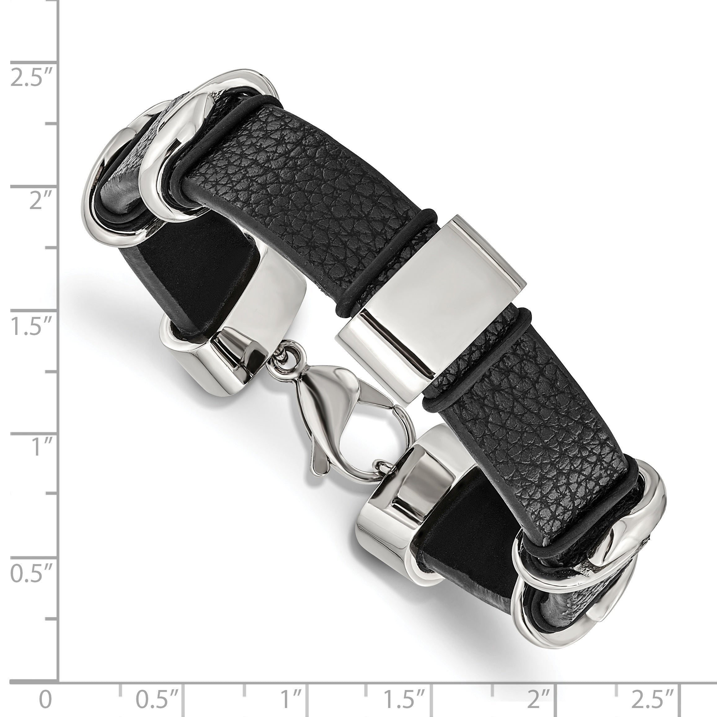 Stainless Steel Polished Black Leather 8.5in Bracelet