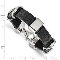 Stainless Steel Polished Black Leather 8.5in Bracelet