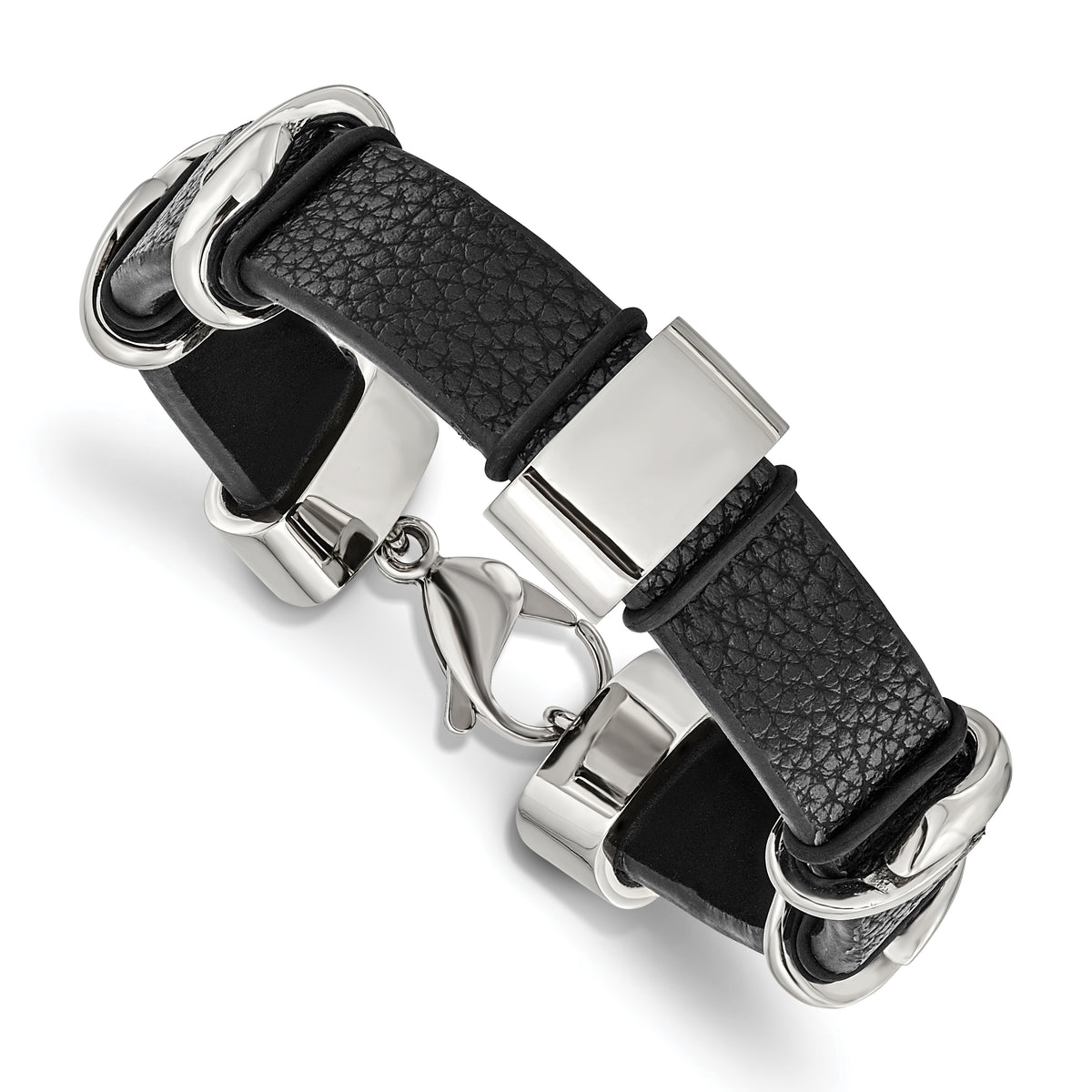 Stainless Steel Polished Black Leather 8.5in Bracelet