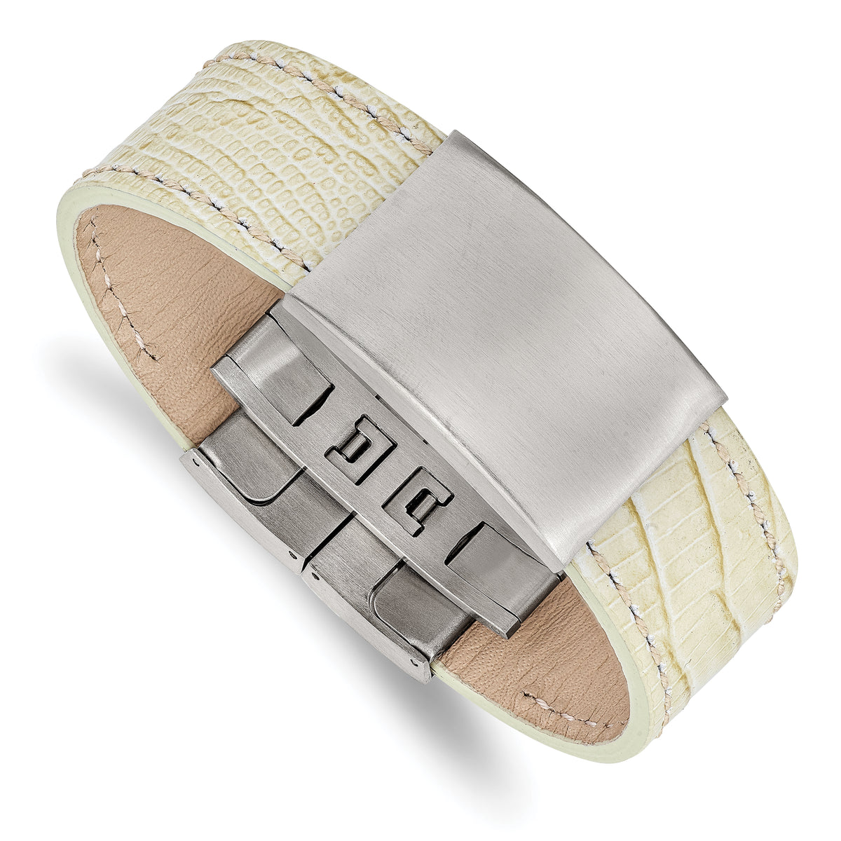 Stainless Steel Brushed White Leather 8.5in ID Bracelet