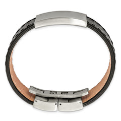 Stainless Steel Brushed Black Leather 8.5in ID Bracelet