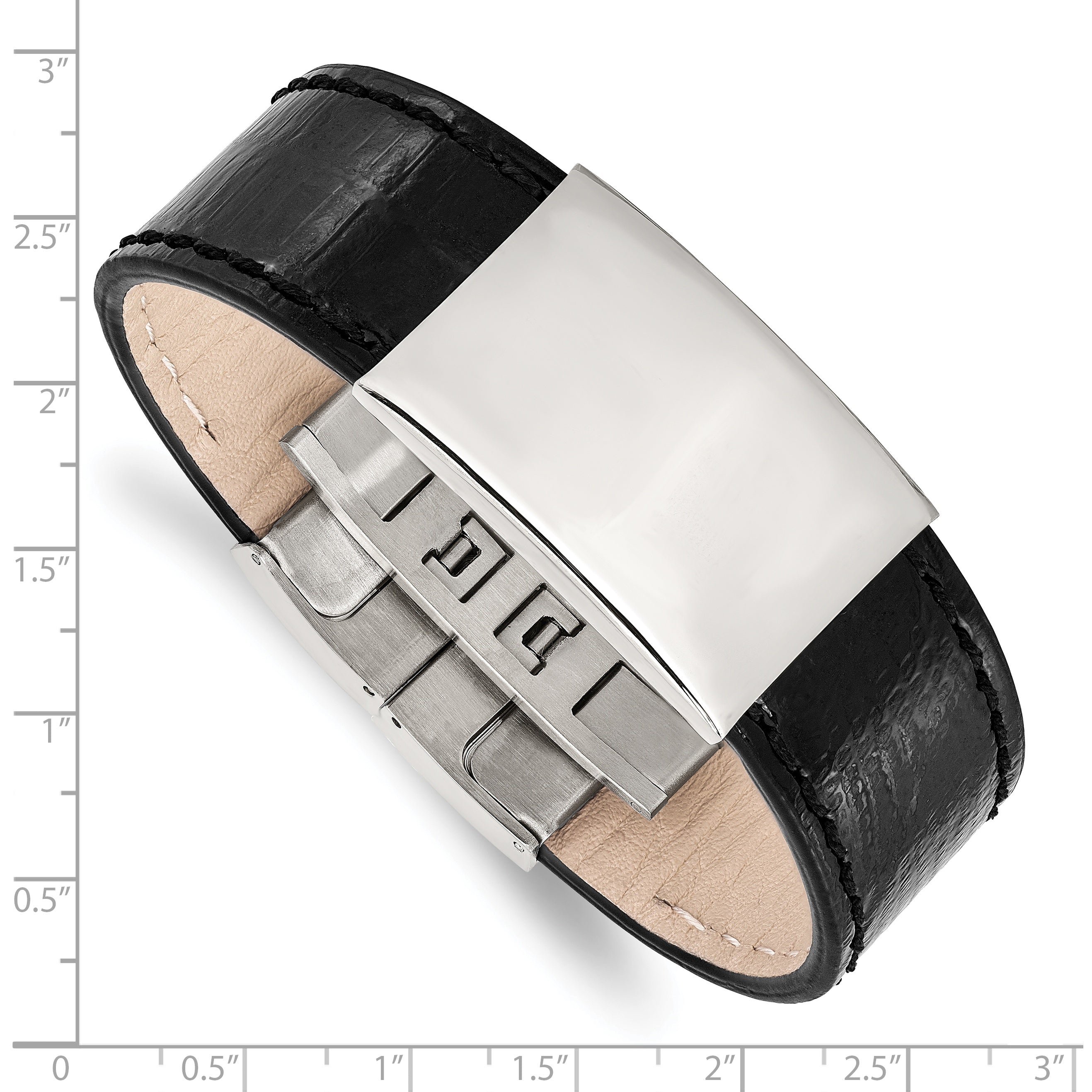 Stainless Steel Polished Black Leather 8.5in ID Bracelet