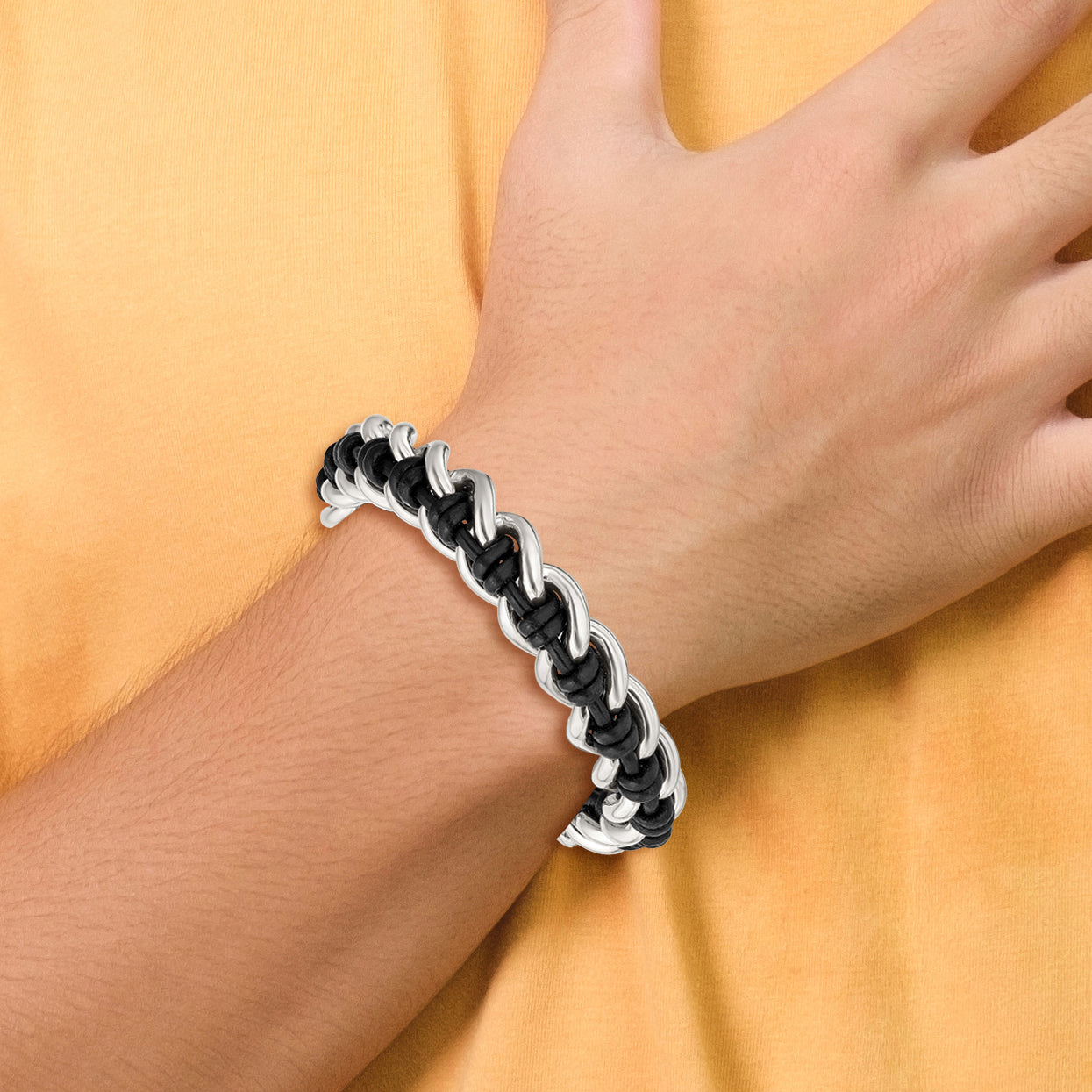 Stainless Steel Polished Black Leather 8.5in Bracelet