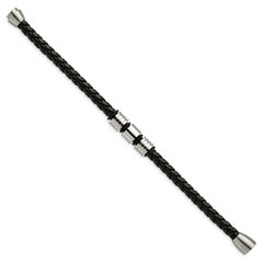 Chisel Stainless Steel Brushed and Polished Braided Black Leather 8.5 inch Bracelet