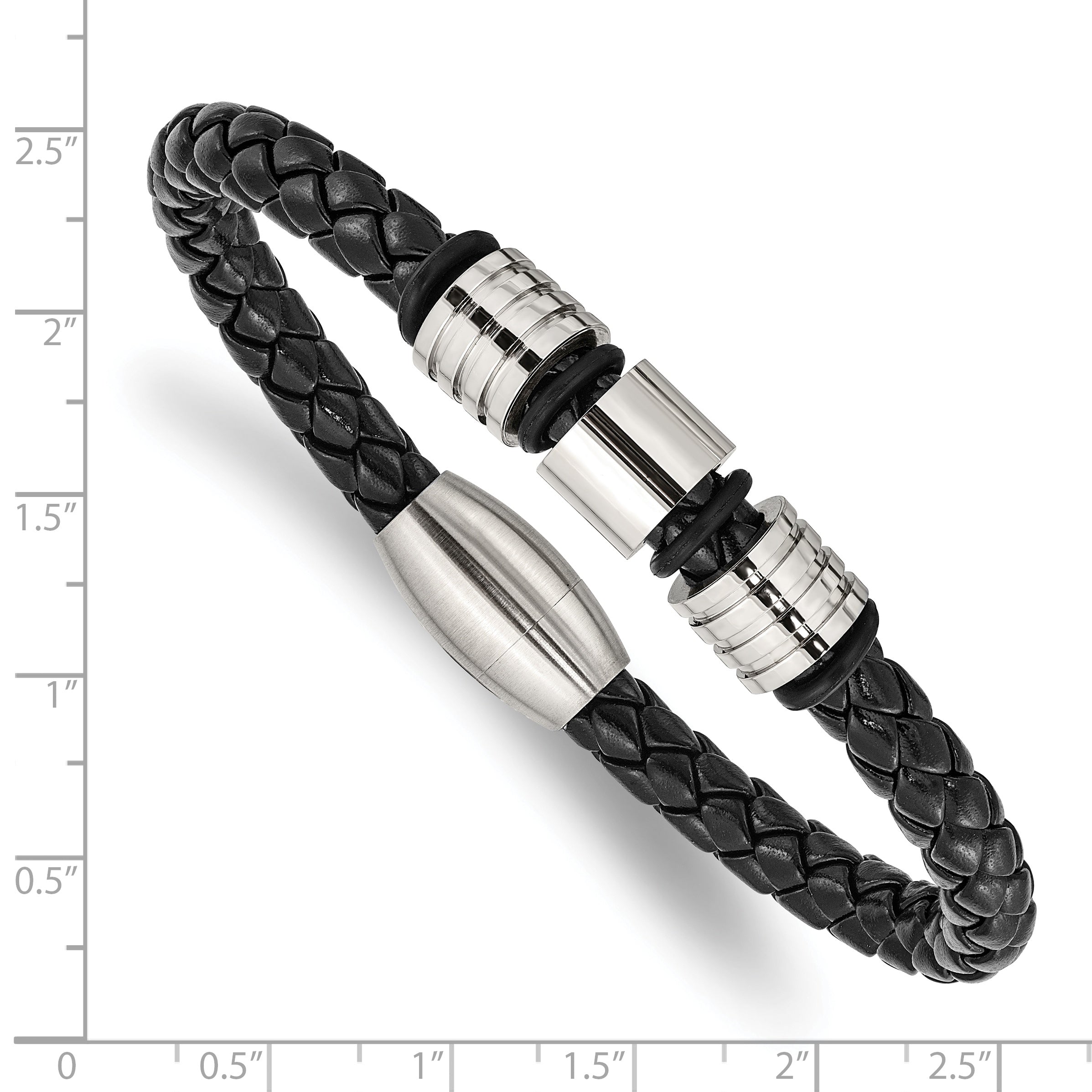 Chisel Stainless Steel Brushed and Polished Braided Black Leather 8.5 inch Bracelet