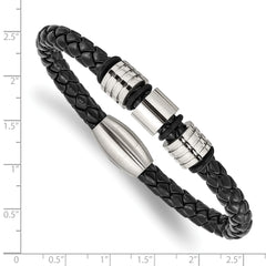 Chisel Stainless Steel Brushed and Polished Braided Black Leather 8.5 inch Bracelet