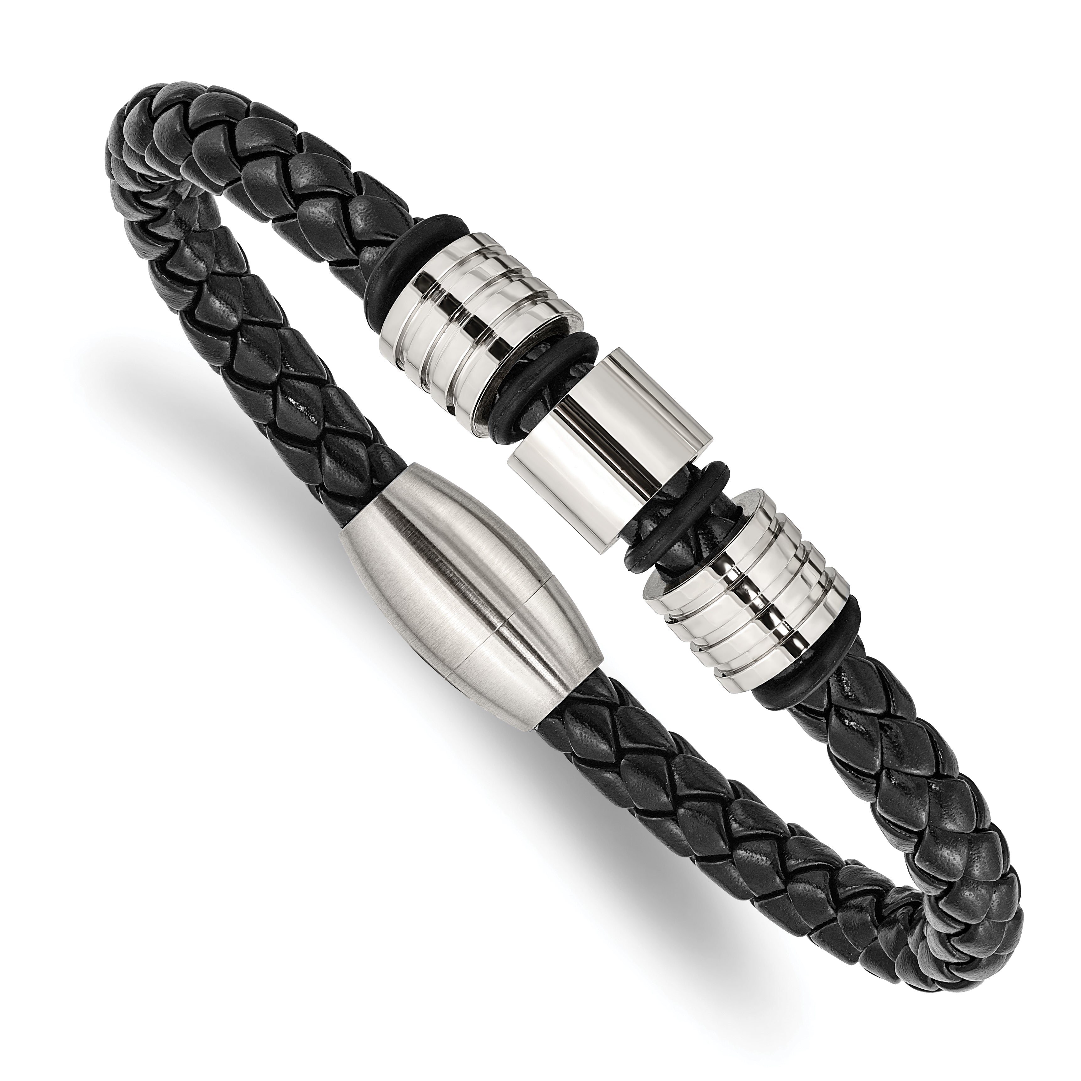 Chisel Stainless Steel Brushed and Polished Braided Black Leather 8.5 inch Bracelet