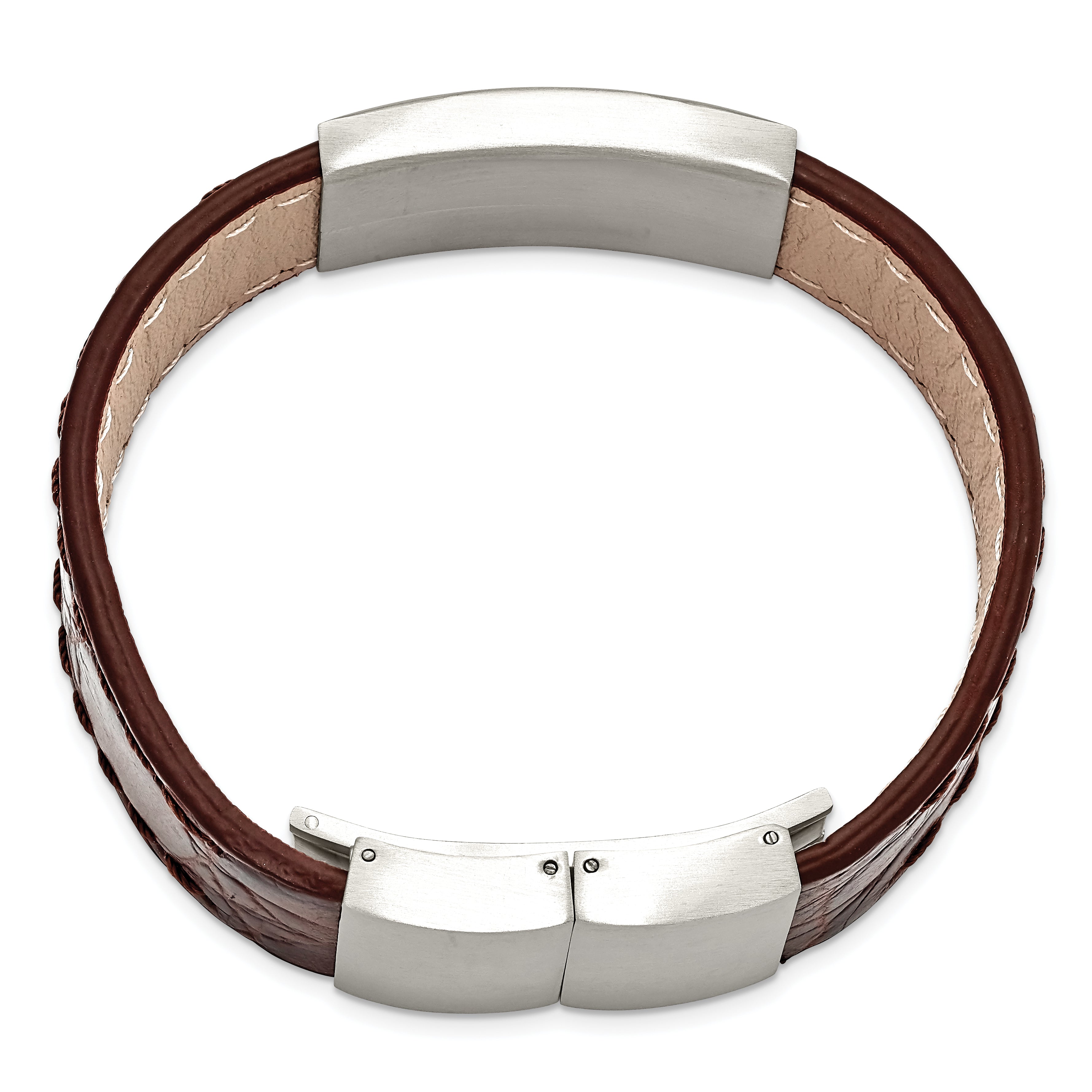 Stainless Steel Brushed Dark Brown Leather 8.5in ID Bracelet