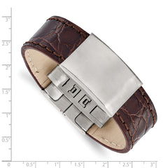 Stainless Steel Brushed Dark Brown Leather 8.5in ID Bracelet