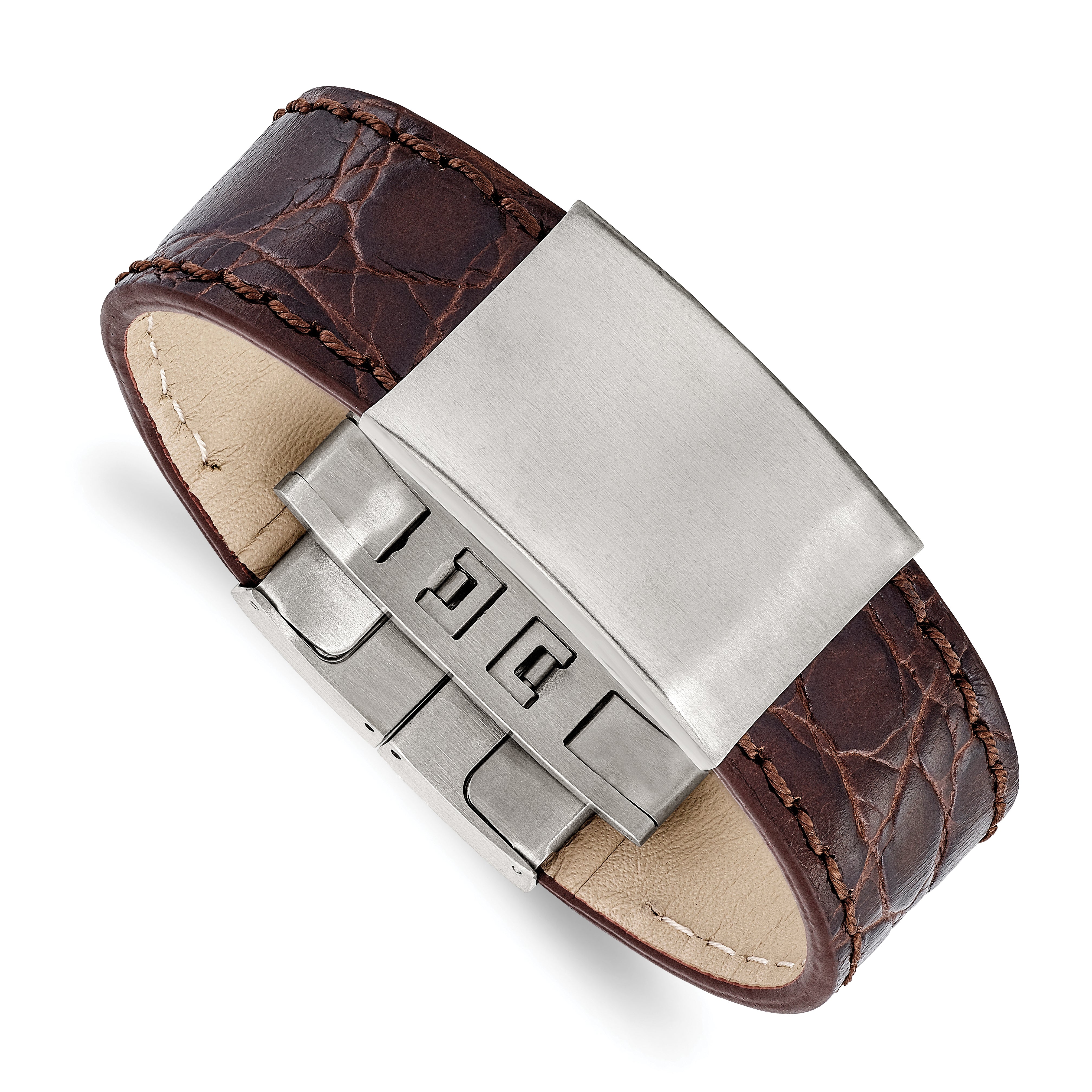 Stainless Steel Brushed Dark Brown Leather 8.5in ID Bracelet