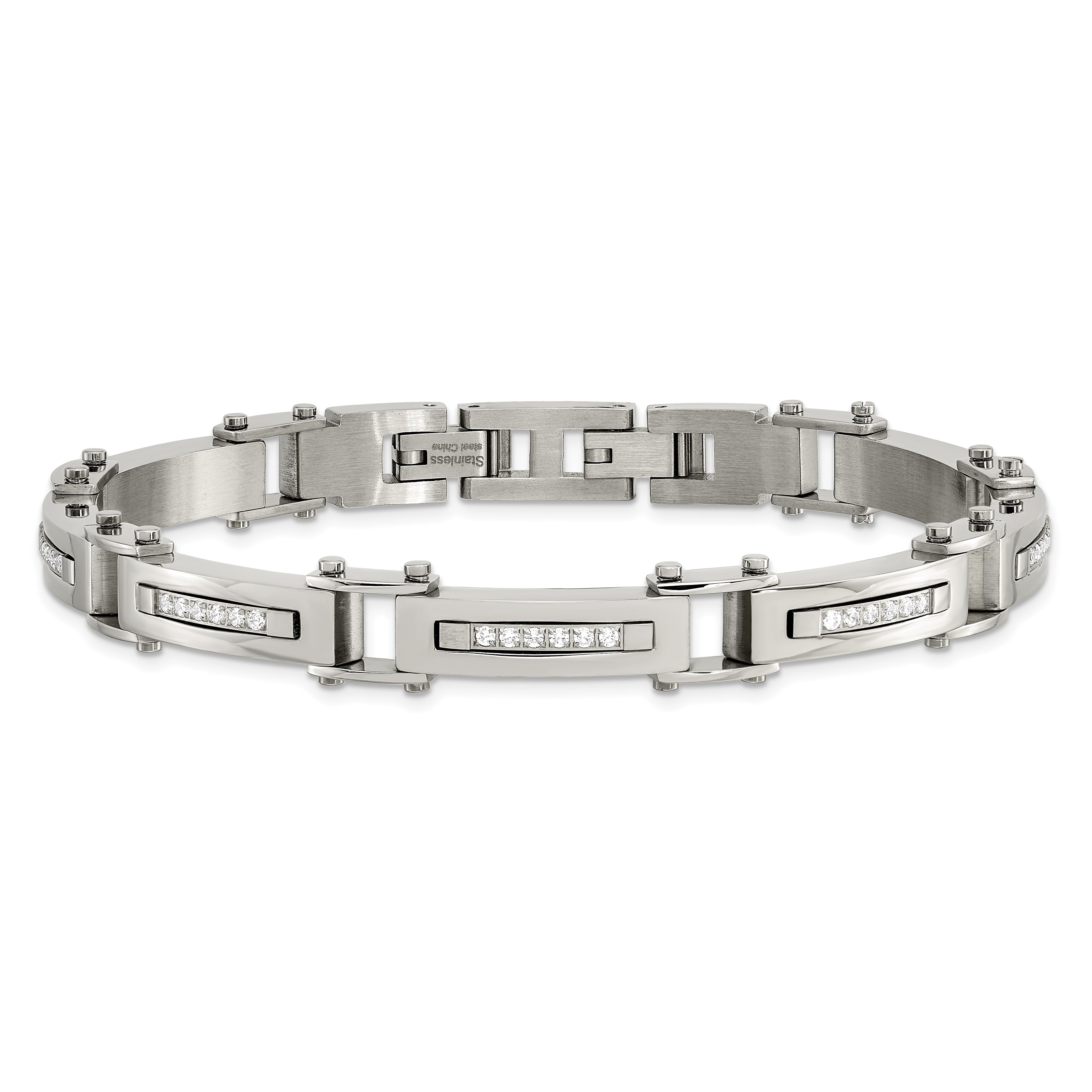 Chisel Stainless Steel Polished with CZ 8.25 inch Bracelet with .5 inch Extension