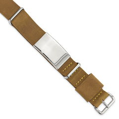 Stainless Steel Polished Brown Leather Adj. ID Bracelet