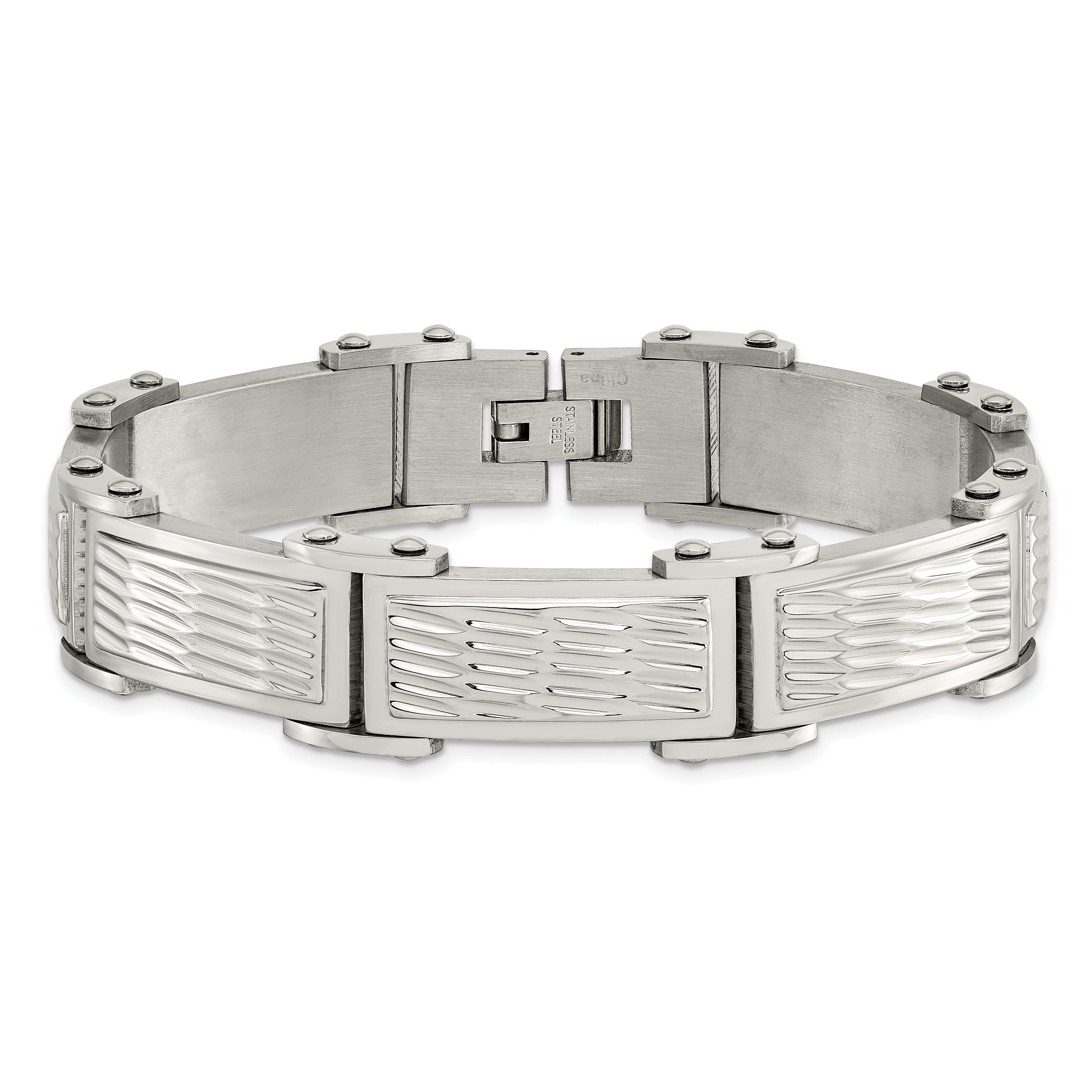 Chisel Stainless Steel Brushed Polished and Textured 8.25 inch Link Bracelet