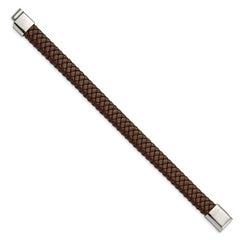 Chisel Stainless Steel Polished Brown Braided Leather 8.5 inch Bracelet