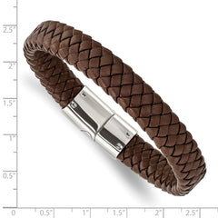 Chisel Stainless Steel Polished Brown Braided Leather 8.5 inch Bracelet