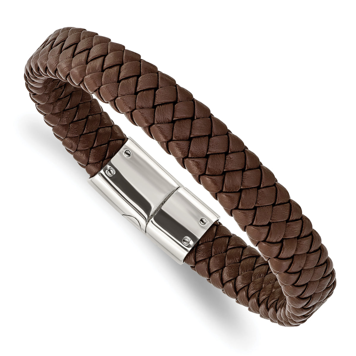 Chisel Stainless Steel Polished Brown Braided Leather 8.5 inch Bracelet