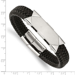 Chisel Stainless Steel Brushed and Polished Braided Black Leather 8.5 inch ID Bracelet