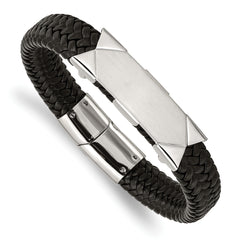 Chisel Stainless Steel Brushed and Polished Braided Black Leather 8.5 inch ID Bracelet