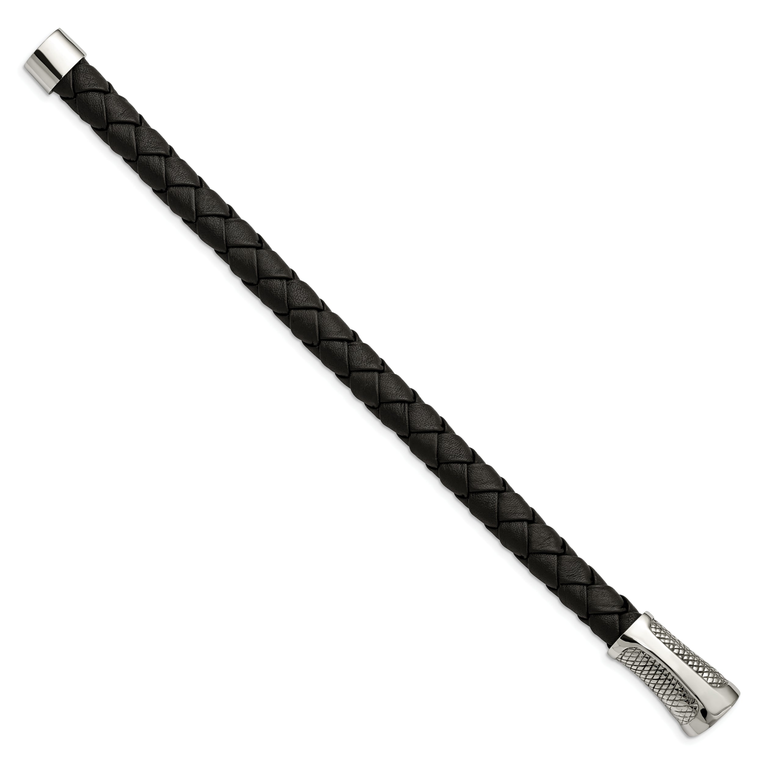 Chisel Stainless Steel Polished and Textured Black Braided Leather 8.5 inch Bracelet