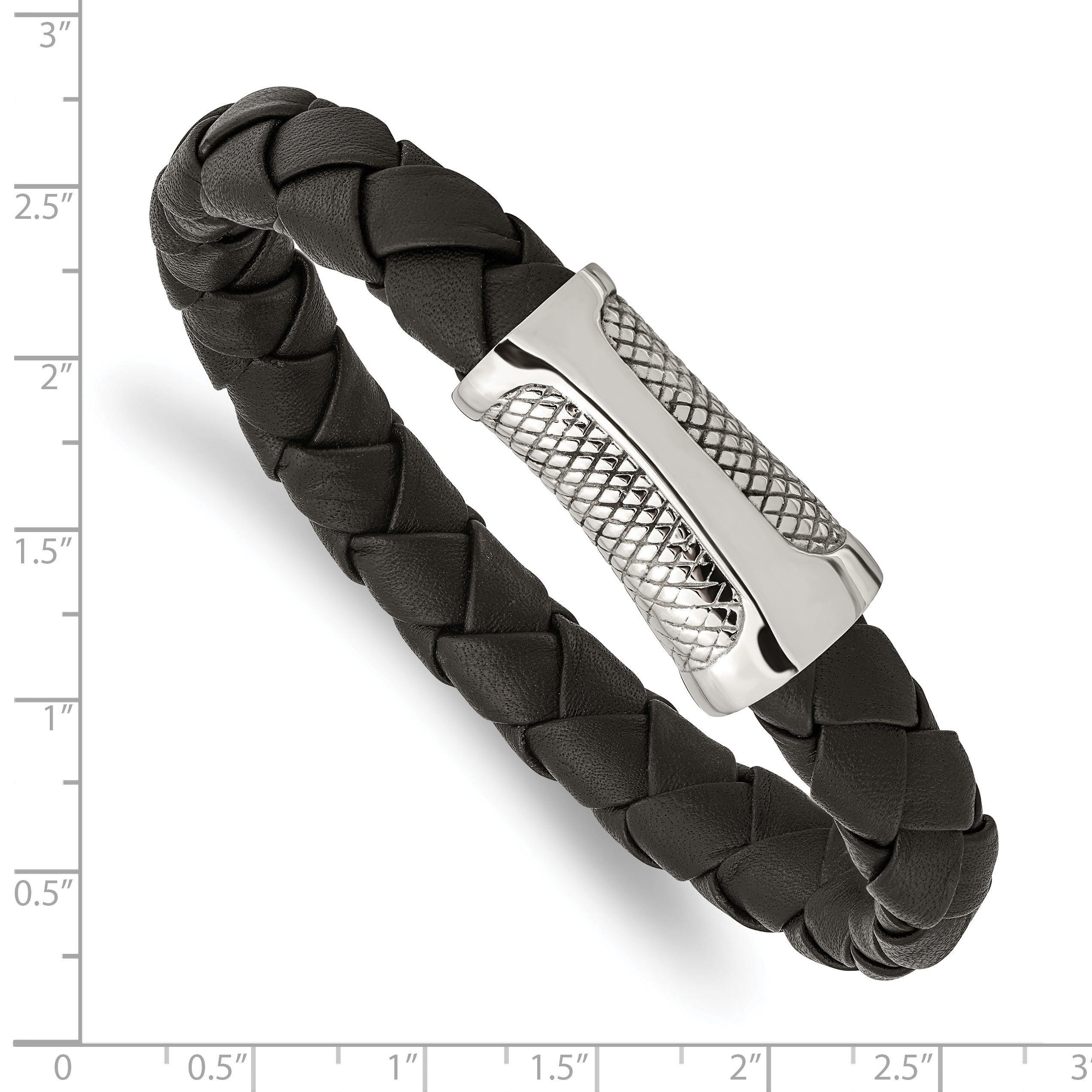 Chisel Stainless Steel Polished and Textured Black Braided Leather 8.5 inch Bracelet