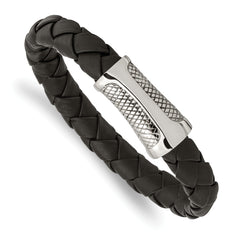 Chisel Stainless Steel Polished and Textured Black Braided Leather 8.5 inch Bracelet