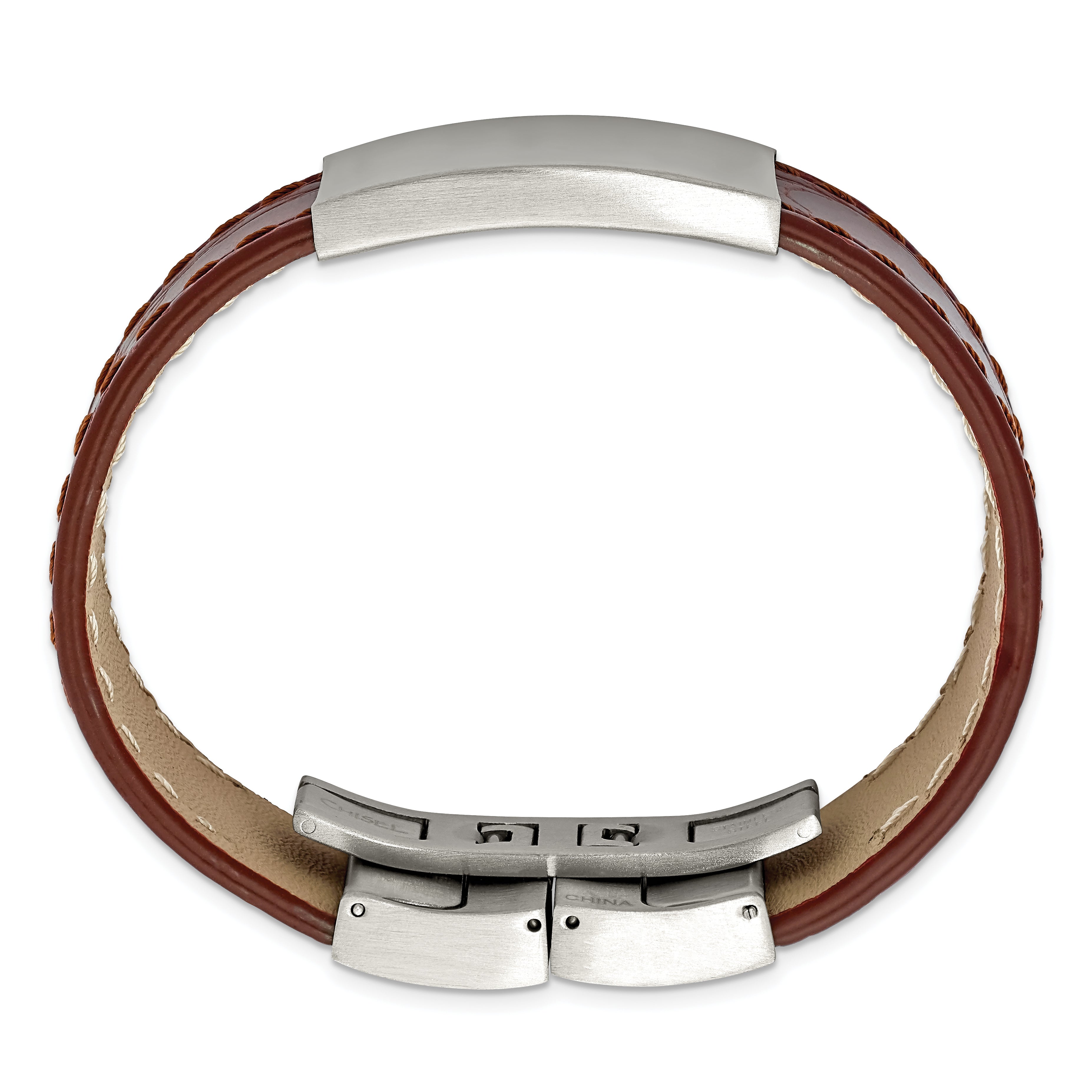 Stainless Steel Brushed Medium Brown Leather 8.5in ID Bracelet