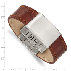 Stainless Steel Brushed Medium Brown Leather 8.5in ID Bracelet