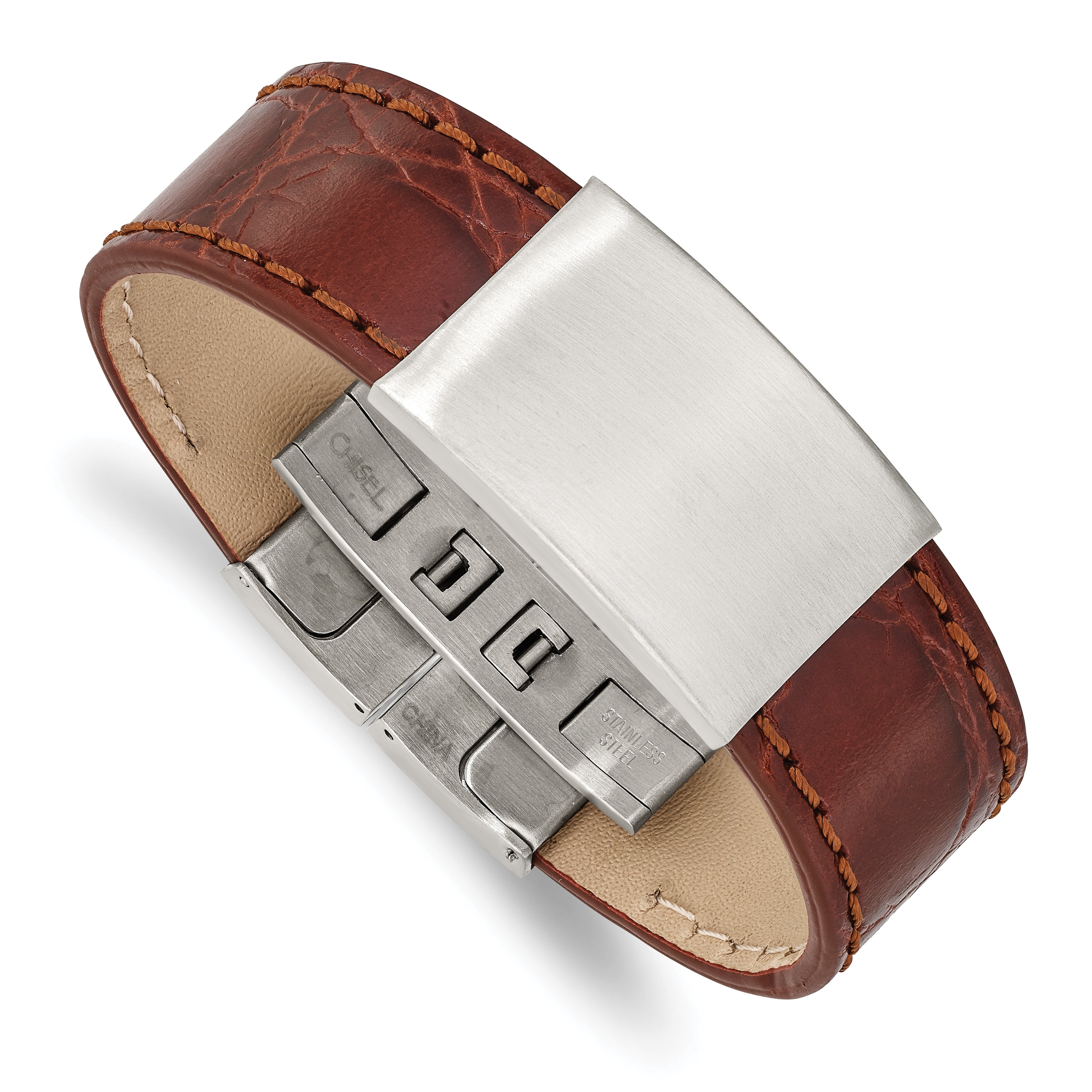 Stainless Steel Brushed Medium Brown Leather 8.5in ID Bracelet