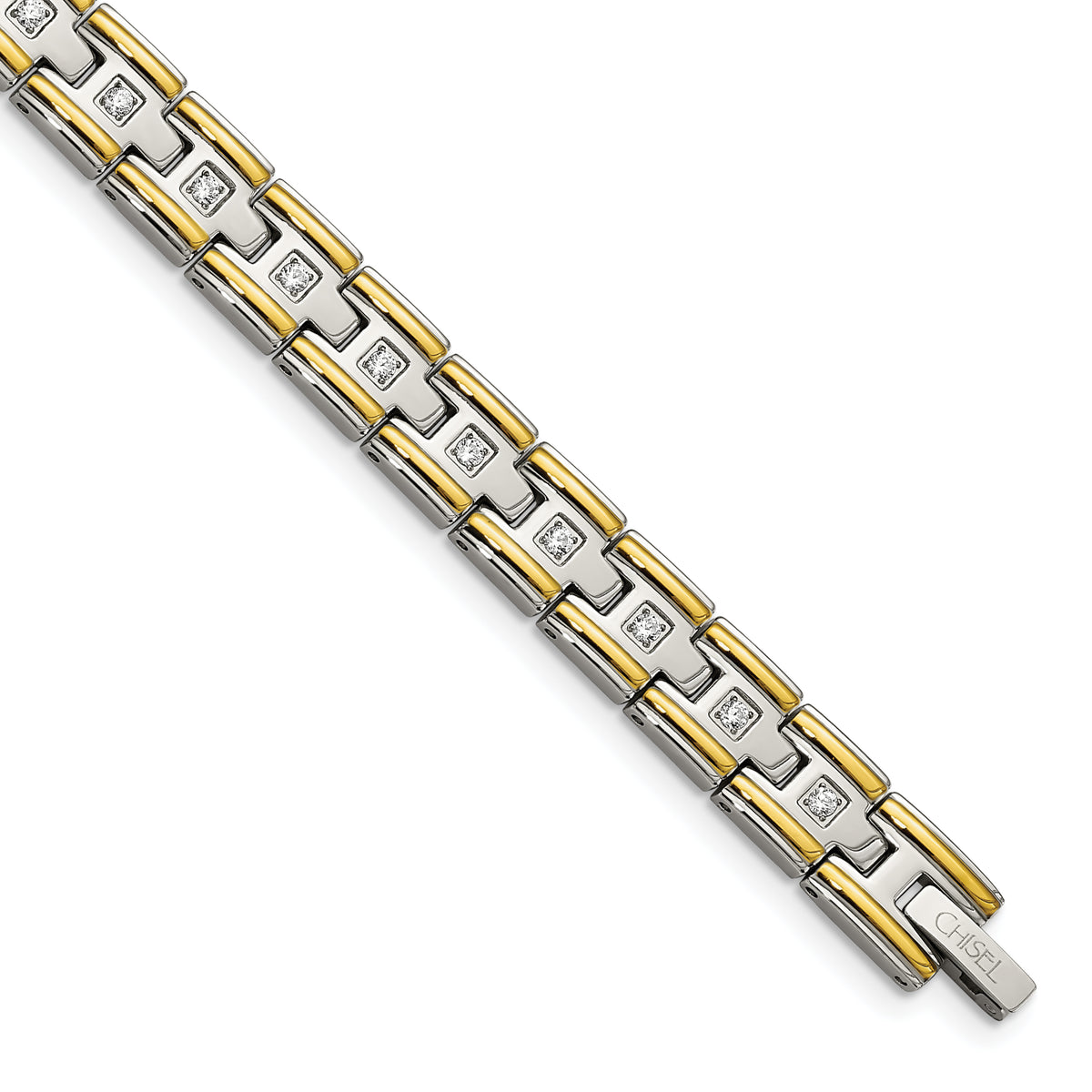 Chisel Stainless Steel Polished Yellow IP-plated with CZ 8.5 inch Link Bracelet