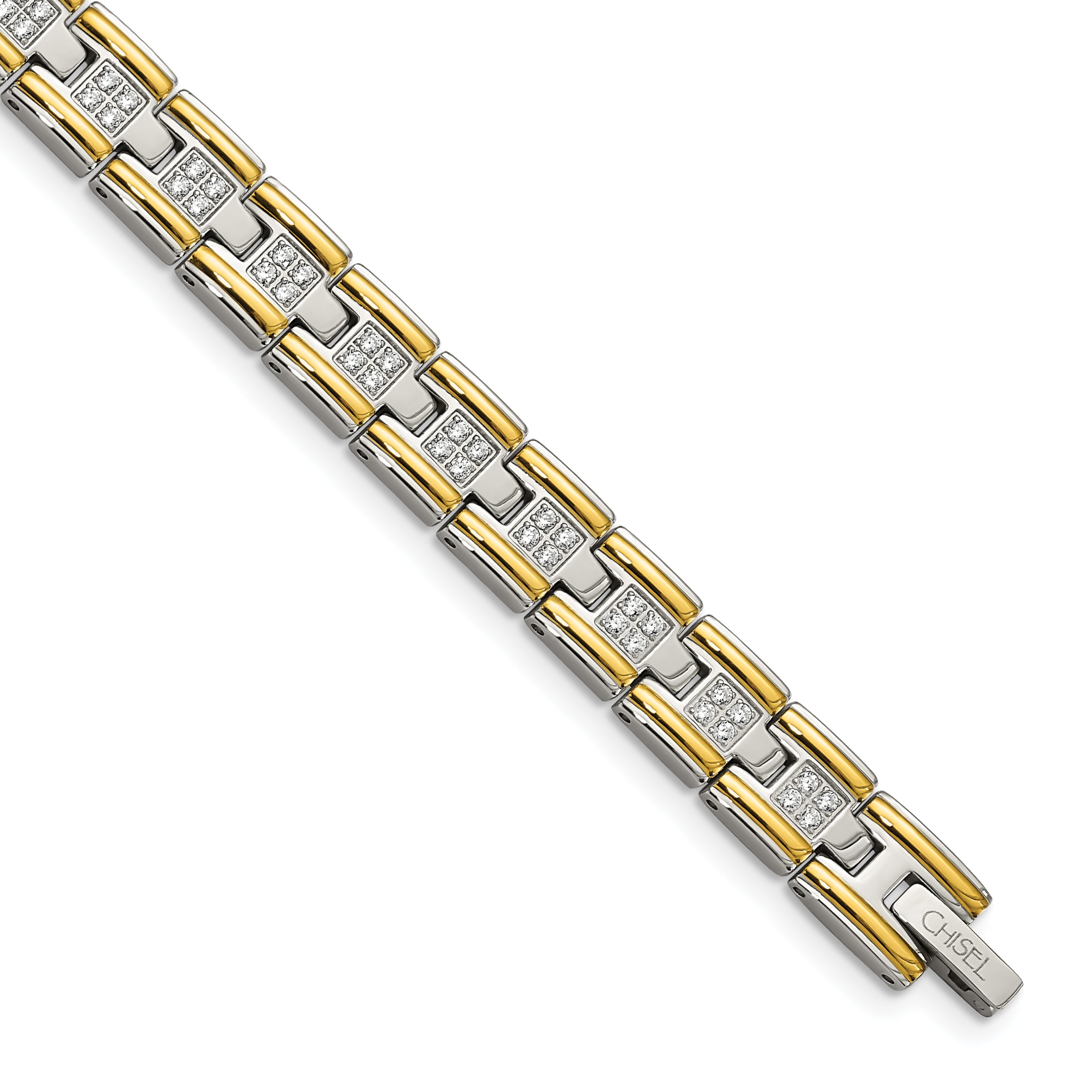 Chisel Stainless Steel Polished Yellow IP-plated with CZ 8.5 inch Link Bracelet