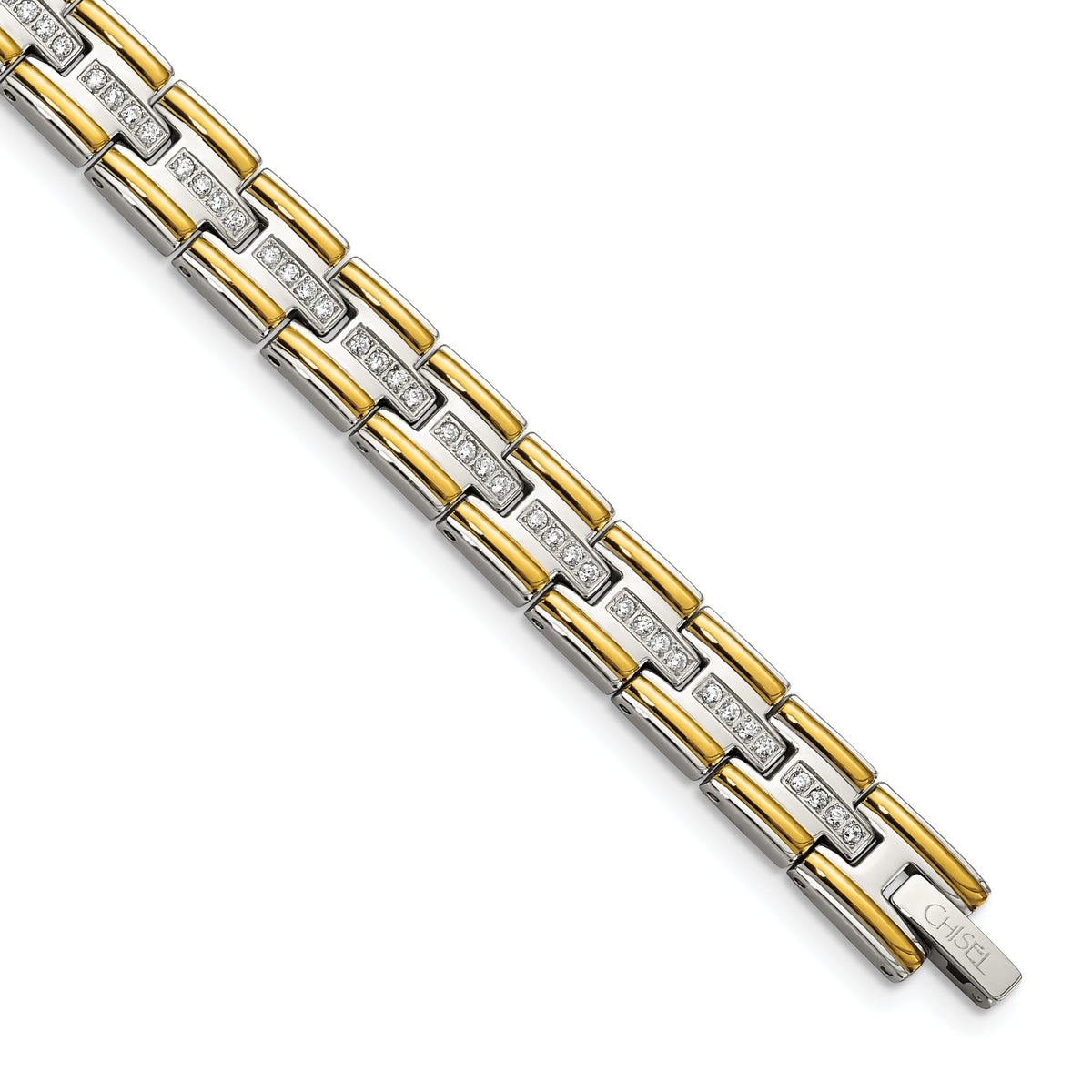 Chisel Stainless Steel Polished Yellow IP-plated with CZ 8.5 inch Link Bracelet