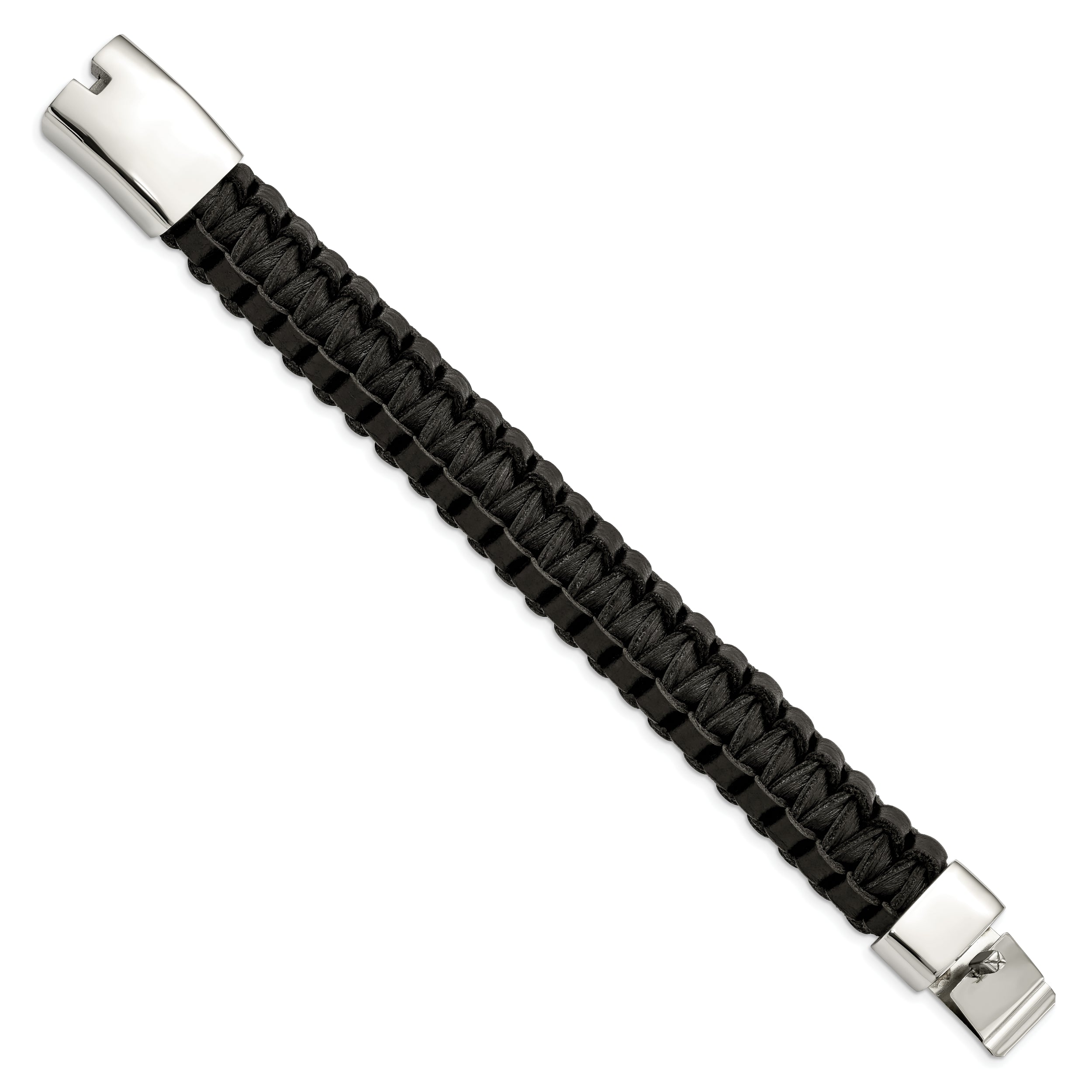 Stainless Steel Polished Flat Braided Black Leather 8.5in Bracelet