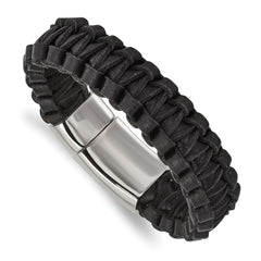 Stainless Steel Polished Flat Braided Black Leather 8.5in Bracelet