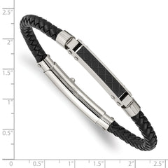 Chisel Stainless Steel Polished and Textured Black IP-plated Black Braided Leather Adjustable 7.5 and 8 inch Bracelet