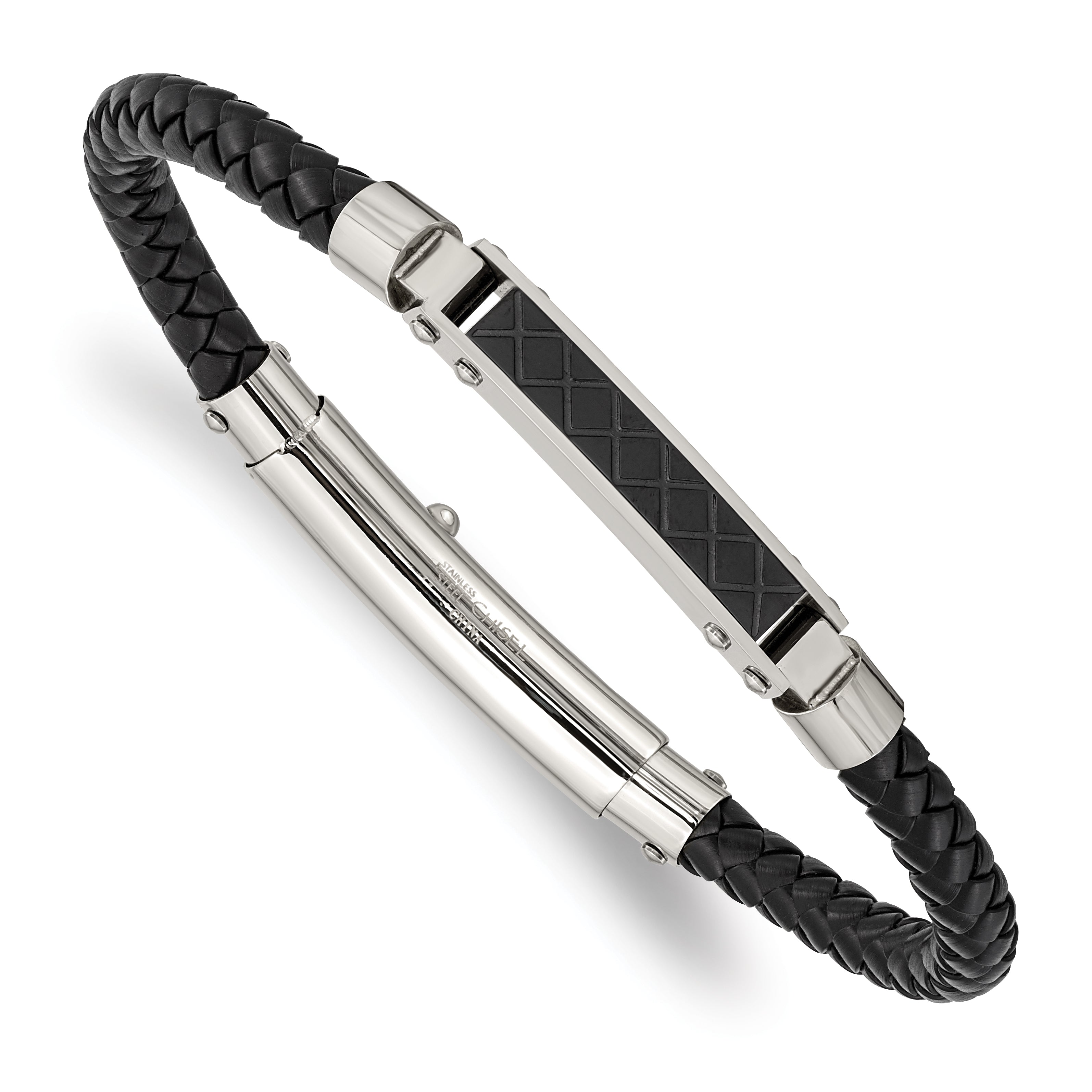 Chisel Stainless Steel Polished and Textured Black IP-plated Black Braided Leather Adjustable 7.5 and 8 inch Bracelet