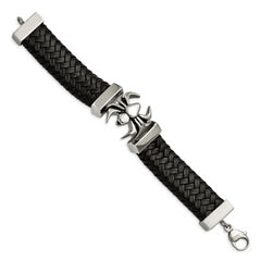 Chisel Stainless Steel Antiqued and Polished Spider Black Braided Leather 8.5 inch Bracelet