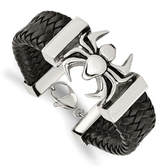 Chisel Stainless Steel Antiqued and Polished Spider Black Braided Leather 8.5 inch Bracelet