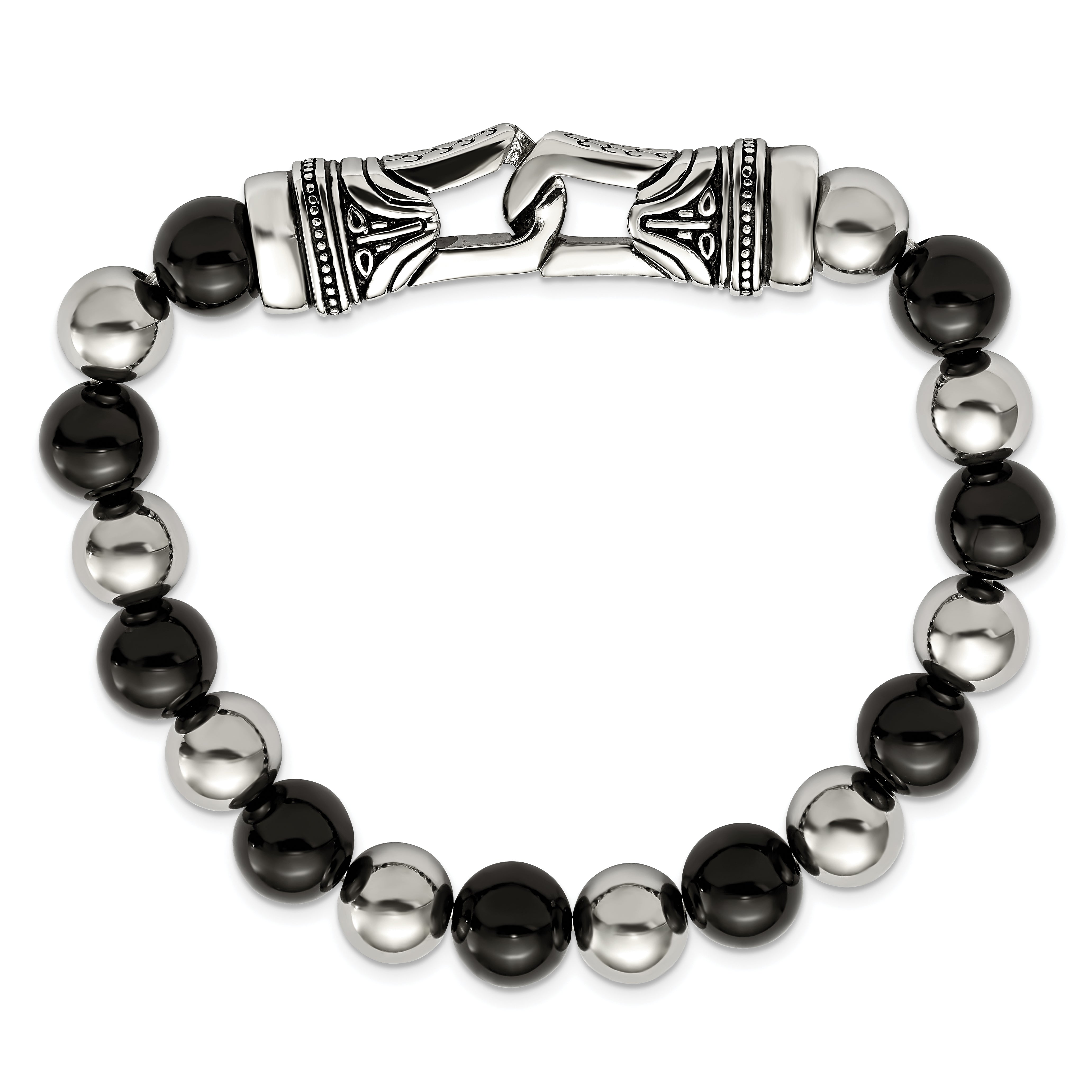 Chisel Stainless Steel Antiqued and Polished 10mm Black Agate Beaded Stretch Bracelet