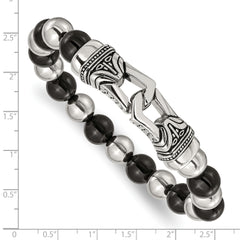 Chisel Stainless Steel Antiqued and Polished 10mm Black Agate Beaded Stretch Bracelet