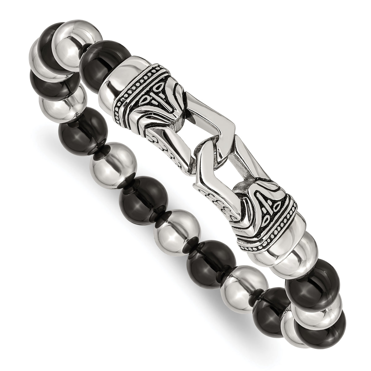 Chisel Stainless Steel Antiqued and Polished 10mm Black Agate Beaded Stretch Bracelet