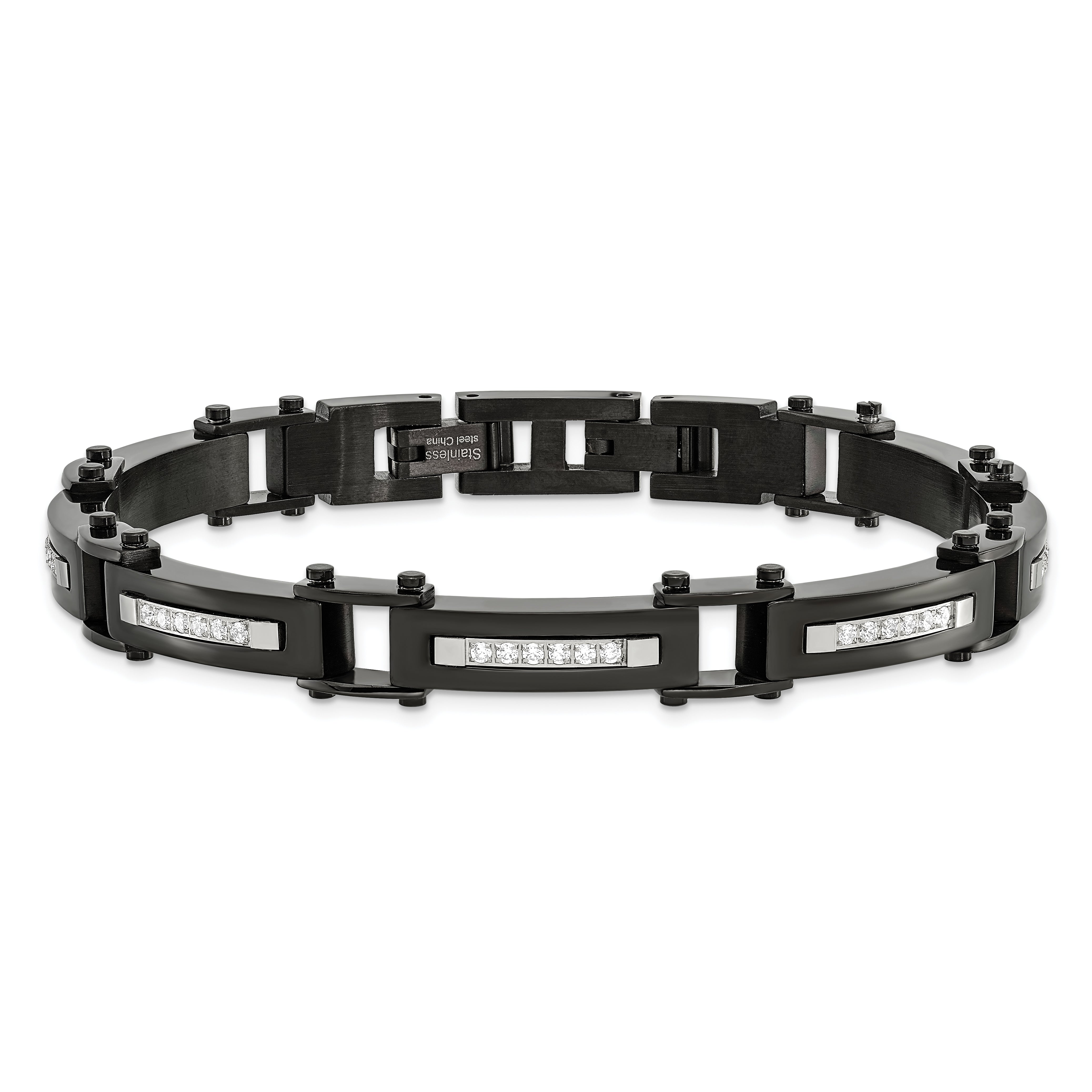 Chisel Stainless Steel Polished Black IP-plated with CZ 8.25 inch Bracelet with .5 inch Extension